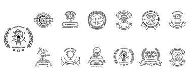 Arı, ağaç ve yıldız da dahil olmak üzere bir dizi sembol ve logo. Sembollerin hepsi siyah ve beyaz.