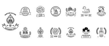 Siyah beyaz logo ve sembollerden oluşan bir koleksiyon. Logoların hepsi farklı şekiller ve tasarımlar içeriyor.