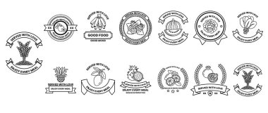 Meyve ve sebzelerden oluşan siyah beyaz bir koleksiyon. Görüntülerin hepsi farklı boyutlarda ve şekillerde, ama hepsi aynı sağlıklı beslenme temasına sahip.