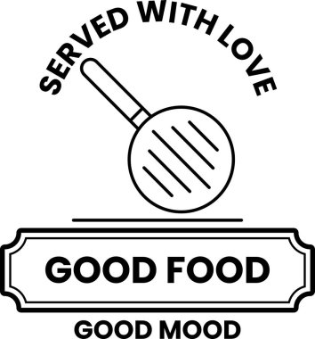 İyi yemek sunan bir restoran için siyah beyaz logo. Logoda spatulası olan bir tava ve altında 