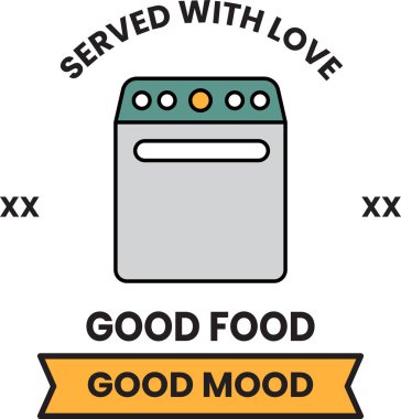 Sevgiyle güzel yemekler sunan bir restoran için siyah ve beyaz bir logo. Logoda etrafında beyaz kurdele olan bir soba var.