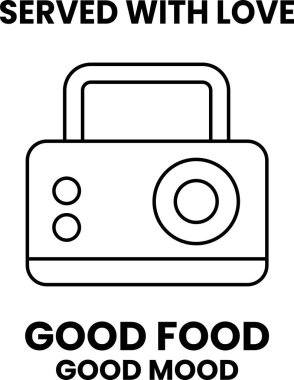 Kolu ve düğmesi olan bir telsiz. Radyo siyah ve beyazdır. Radyonun adı 