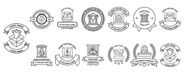 Çeşitli tasarım ve sembollere sahip bir rozet koleksiyonu. Bazı rozetlerde saat var.