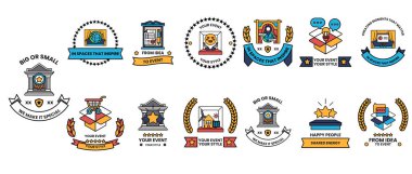 Bir kalp, bir kutu, bir ağaç ve bir köpek gibi çeşitli sembol ve logolardan oluşan bir koleksiyon. Bu semboller aşk, koruma, büyüme ve arkadaşlık gibi farklı fikir ve kavramları temsil eder.