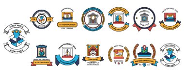 Çeşitli tasarım ve sembollere sahip bir rozet koleksiyonu. Bazı rozetlerde saat var.