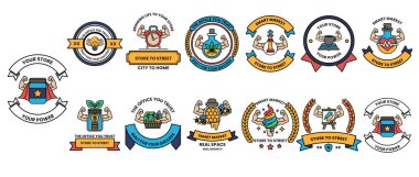 Bir ev, bir ağaç ve bir kitap da dahil olmak üzere logo ve semboller koleksiyonu. Koleksiyon siyah ve beyaz.