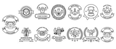 Bir ev, bir ağaç ve bir kitap da dahil olmak üzere logo ve semboller koleksiyonu. Koleksiyon siyah ve beyaz.