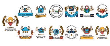 Çeşitli tasarım ve sembollere sahip bir dizi rozet. Bazı rozetlerin kaslı bir görünüşü var, bazılarının ise daha soyut bir görünüşü. Sahne güç ve güçten oluşur.