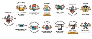 Kas ve güç temalı bir dizi olay logosu. Logolarda bir roket, şişkin kaslı bir insan ve bir araba var.