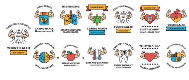 Görüntü, bir kalp, bir beyin ve bir termometre de dahil olmak üzere sağlıkla ilgili ikonların bir derlemesi. Simgeler, her biri sağlığın farklı yönlerini temsil eden bir ızgaraya dizilmiştir.