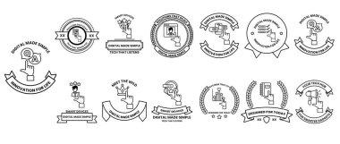 Bir el, taç ve kalp de dahil olmak üzere bir logo ve sembol koleksiyonu. El bir kitap tutuyor ve taç da bir binanın tepesinde. Kalp bir kurdelenin üzerinde