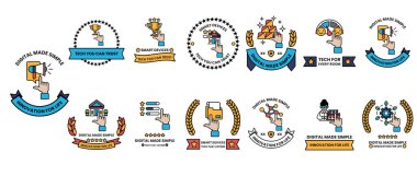 Bir el, kitap, bilgisayar ve kalp de dahil olmak üzere sembol ve simgelerden oluşan bir koleksiyon.