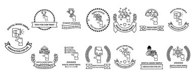 Bir el, kitap, bilgisayar ve kalp de dahil olmak üzere sembol ve simgelerden oluşan bir koleksiyon.