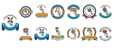 Çeşitli tasarım ve sembollere sahip bir rozet koleksiyonu. Rozetlerin hepsi beyaz ve çeşitli şekil ve boyutlarda.