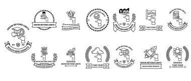 Siyah beyaz logo ve sembollerden oluşan bir koleksiyon. İlk logo, etrafında kurdele olan bir kalp.