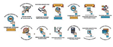 Ortasında şirket logosu olan siyah beyaz simgelerden oluşan bir koleksiyon. Simgeler arasında bir kredi kartı, bir fare, bir el ve bir kalp var.