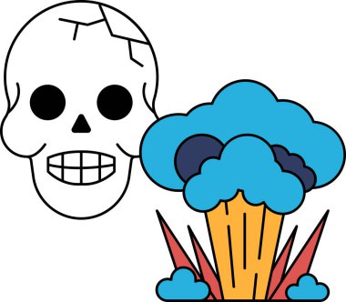 Yüzünde bir gülümsemeyle bir kafatası çizilir ve arkasında bir duman bulutu çizilir.