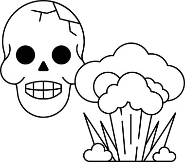 Yüzünde bir gülümsemeyle bir kafatası çizilir ve arkasında bir duman bulutu çizilir.