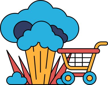 Arkasında büyük bir bulut olan bir alışveriş arabasının siyah beyaz çizimi. Bulut 