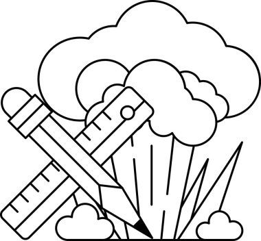 Bir kalem ve cetvel bulutun üzerindedir. Kalem cetveli işaret ediyor, o da bulutun üzerinde. Yaratıcılık ve hayal gücü kavramı, kalem olarak.