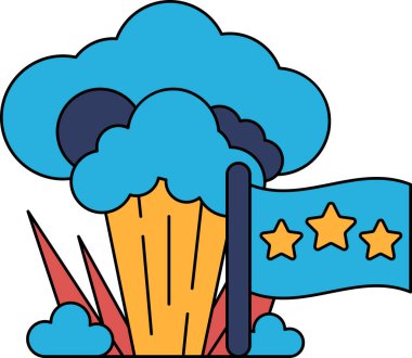 Bayraklı ve üç yıldızlı bir bulutun beyaz ve siyah çizimi. Bayrak direğin üstünde Yıldızlar gökyüzünde