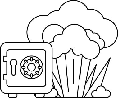 İçinden duman bulutu çıkan bir banka kasasının siyah beyaz çizimi. Sahne uğursuz ve önsezili.