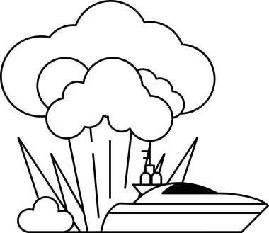 Arka planda duman bulutu olan bir tekne suyun içinde. Tekne küçük ve duman büyük bir patlamadan geliyor. Manzara kaotik ve tehlikeli.