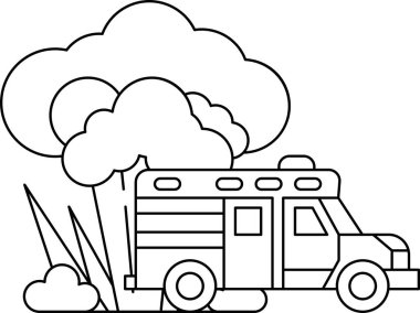 Arka planda bulut olan bir itfaiye aracının siyah beyaz çizimi. İtfaiye aracı otların arasından geçiyor.