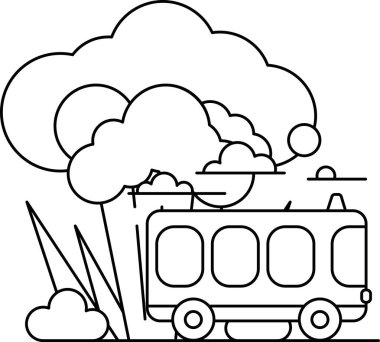 Bir otobüs fırtınanın içinden geçiyor. Gökyüzü karanlık ve bulutlu, ve otobüs dumanla kaplı.