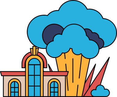 Arka planda büyük bir bulut olan bir ev. Ev küçük ve bir sürü penceresi var.