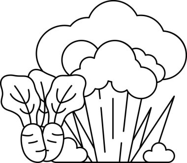 Arka planda bulut olan bir sebze bahçesi çizimi. Sebzeler arasında havuç ve brokoli var.