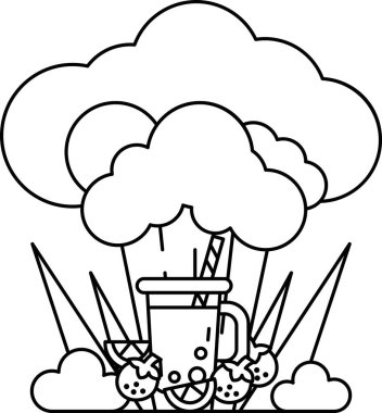 İçinde bir fincan dondurma ve pipet olan bir bulut çizimi. Bardak dondurma ve çilekle dolu.