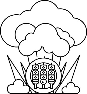 Üzerinde şiş olan bir tabak yemek bulutlarla çevrilidir. Bulutlar beyaz ve kabarık, sahneye hafif ve havadar bir his veriyor.