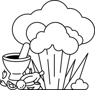 Yerde çömlek ve çanak olan bir bulutun siyah beyaz çizimi. Kase yiyecekle dolu ve arka planda bulut var.