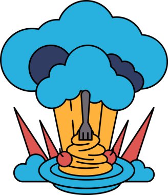 Üzerinde çatal olan bir tabak yiyecek bir duman bulutuyla çevrilidir. Çatal yukarı bakıyor, sanki buluttan kaçmaya çalışıyor gibi. Kaos ve karmaşa kavramı