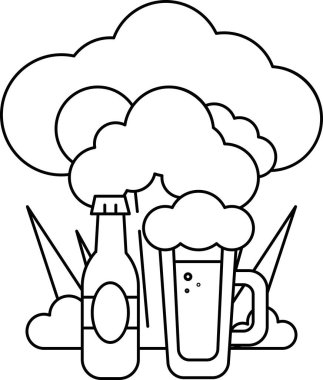 Bir bira şişesi ve arka planda bulut olan bir bardak bira. Sahne neşeli ve neşeli.