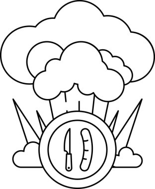 Üstünde bıçak ve sosisli olan siyah beyaz bir bulut çizimi. Bıçak sosislinin solunda ve sosisli sandviç bıçaktan biraz daha büyük.