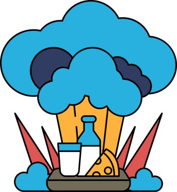 Bir şişe süt, bir fincan ve bir dilim peynirli bir bulutun karikatür çizimi. Bu sahnenin amacı piknik yapmak ya da dışarıda yemek yemek.