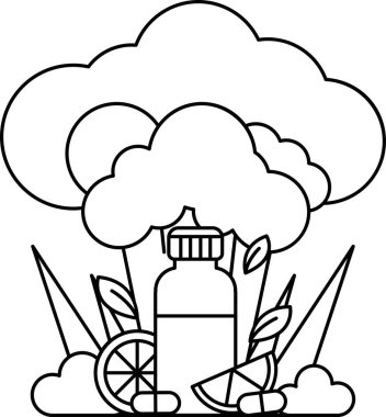 Bir şişe meyve suyu bir duman bulutuyla çevrilidir. Şişe yerde ve duman oradan geliyor.