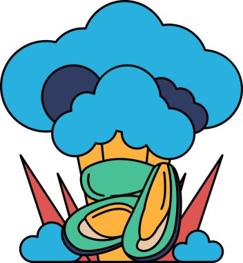 Brokoli ve mantarın beyaz ve siyah çizimi. Brokoli çizimin sol tarafında ve mantar da sağ tarafındadır. Mantar yerde.