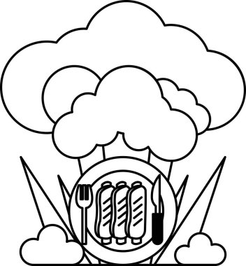 Üzerinde çatal ve bıçak olan bir tabak yemek masanın üzerine konur. Yiyecek, küçük parçalara bölünmüş et ve sebzelerden oluşur. Levha bulut benzeri bir atmosferle çevrilidir.