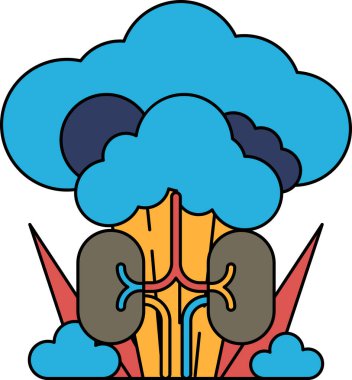 Üzerinde iki böbrek olan bir ağaç çizimi. Ağaç bulutlarla çevrili ve çizim siyah beyaz.