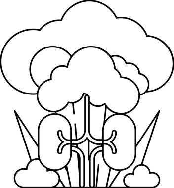 Üzerinde iki böbrek olan bir ağaç çizimi. Ağaç bulutlarla çevrili ve çizim siyah beyaz.