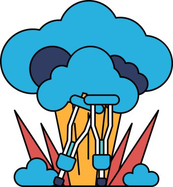 Üzerinde iki koltuk değneği olan siyah beyaz bir ağaç çizimi. Koltuk değnekleri ağaca bağlı ve bir insanı tutuyorlar. Ağaç bir çimen tarlasıyla çevrilidir.