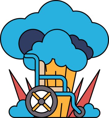 Tekerlekli sandalye karikatürü ve ortasında bomba olan bir bulut. Çizgi film, engelliler için hareketliliğin ve bağımsızlığın önemiyle ilgilidir.