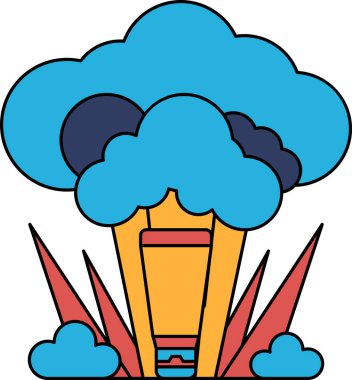 Ortasında sıcak hava balonu olan bir bulutun beyaz ve siyah çizimi. Balon çok fazla dumanla çevrili ve bulutlar çok karanlık.