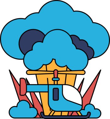 Fırtınalı bir gökyüzünde bir helikopter uçuyor. Bulutlar karanlık ve uğursuz, rüzgar ise güçlü. Helikopter küçük ve doğa şartlarına karşı mücadele ediyor.