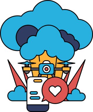 Kameralı ve kalbi olan büyük bir bulut. Kamera bulut üzerinde konumlandırılmış, kalp yerdeyken. Bu, özel bir anı ya da aşkı yakalama fikrini temsil ediyor olabilir.