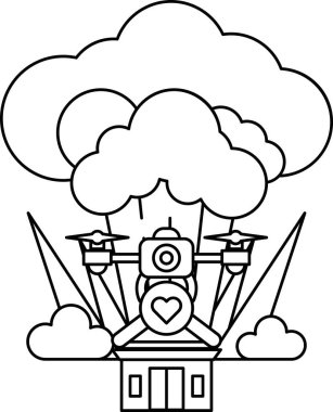 Üzerinde kalp olan bir ev bulutlarla çevrilidir. Bulutlar beyaz ve kabarık. Ev bir tepenin üstünde.