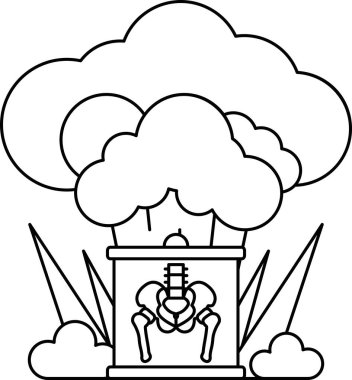 İçinde bir iskelet olan bir bulutun siyah beyaz çizimi. İskelet sırt desteği takıyor.